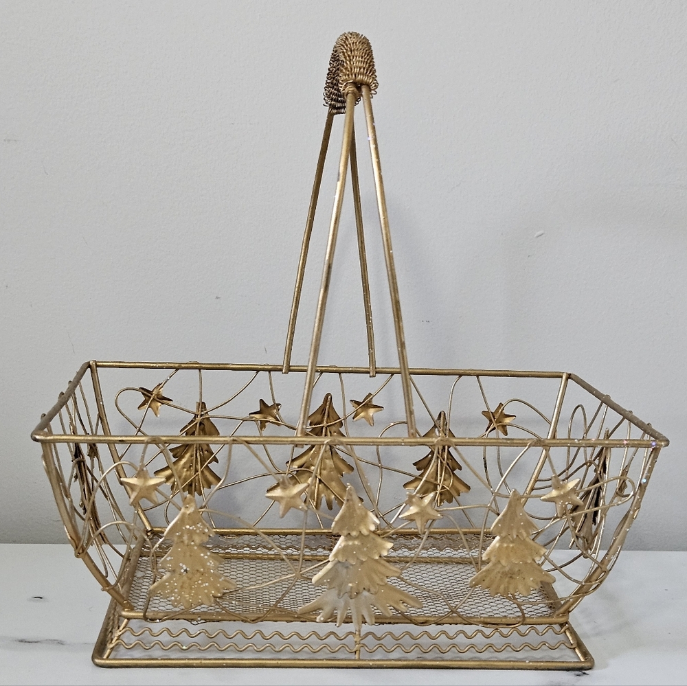 Gold Metal Wire Basket w/ Christmas Trees & Stars (12”T x 10”W)